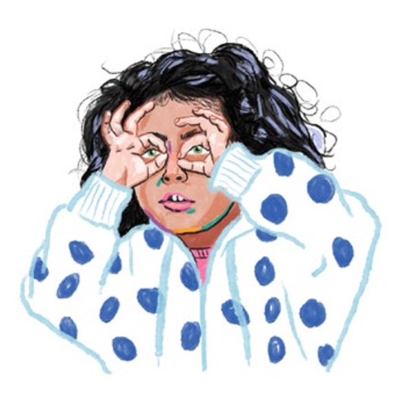 illustration child in a white sweater with blue polkadots